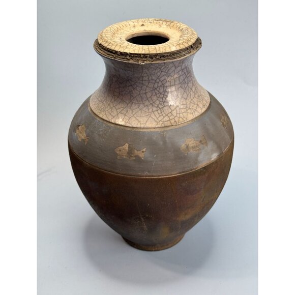 Signed Raku Tribal Pottery Sculpture Jar Spear & Fish Motif By Dickason 1993 - Picture 9 of 13